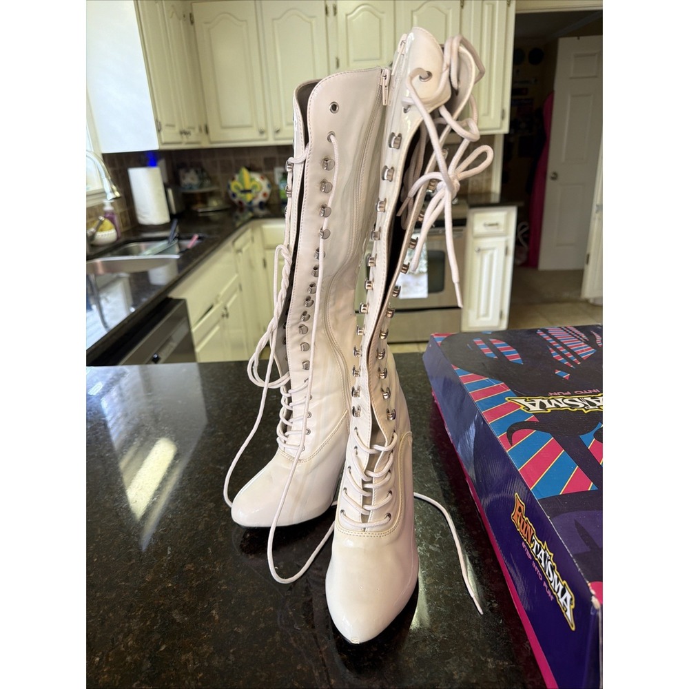 Funtasma White Patent Gogo Lace Up Boots Stiletto Costume Cosplay Dancer Sz 7